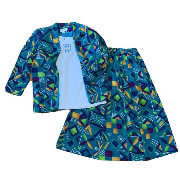 Vtg Brenda Goode Skirt Suit 3 Piece Jacket Top Set Blouse Dress Shirt USA XL - Picture 2 of 13